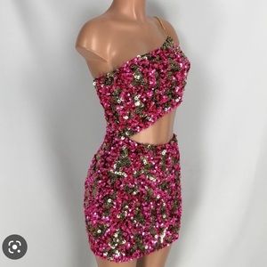 REVOLVE h:ours Sybila Mini Dress Fuchsia Pink Gold Sequin Cut Out One Shoulder